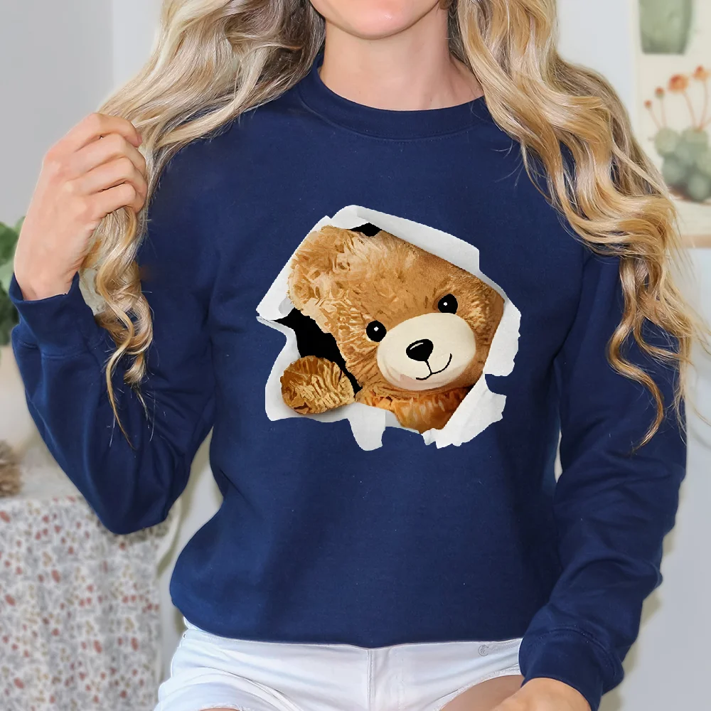 Aesthetic Sweatshirt Long Sleeves Stylish Pullover Y2K Graphic Hoodies Crew Neck Unisex Casual Daily Wear Cute Little Plush Bear
