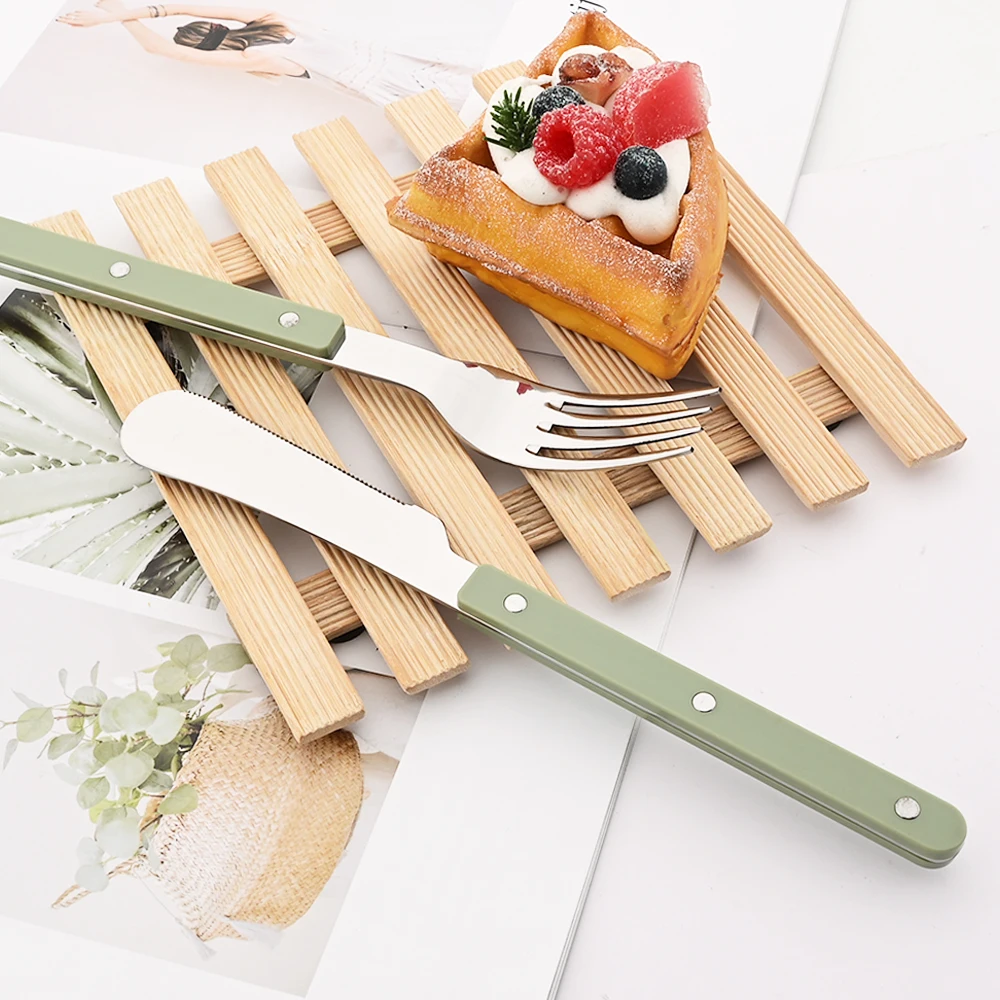 ABS Handle Rivets Decoration Cutlery Set Stainless Steels Dinner Set Green Fork Knife Spoon Western Dinnerware Kitchen Flatware