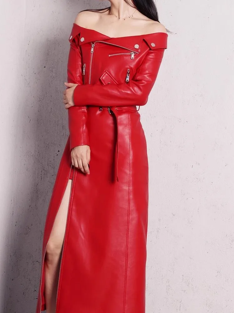 Sexy Red Women Slash Neck Motorcycle Sheepskin Genuine Leather Dress Autumn Zipper Belt Slim Fit High Split Mid Calf Long Dress