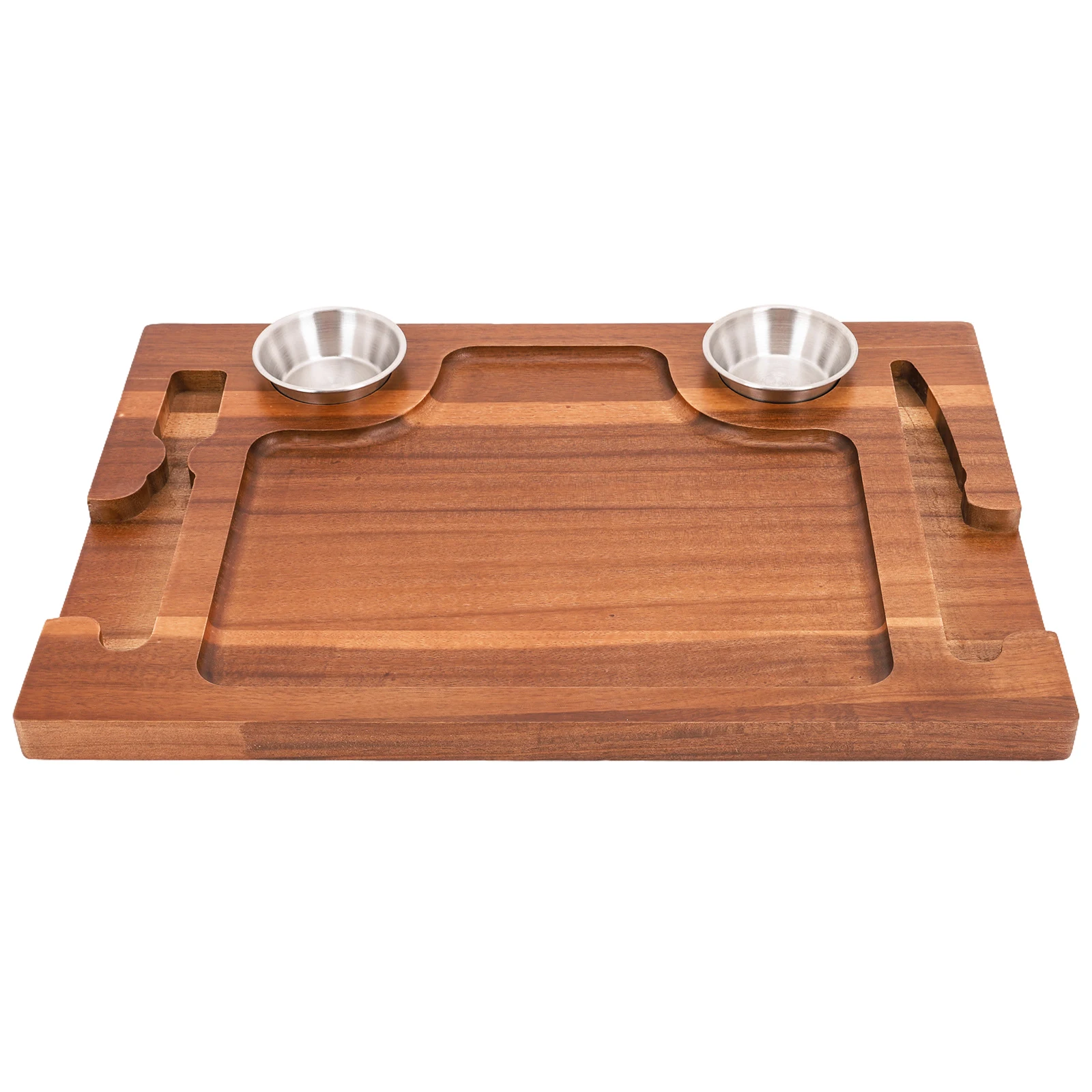 

Acacia Wood Steak Plate Board for Eating, Meat Cutting Board for Steak Food Serving Tray with 2 Sauce Cups for Family Dinners