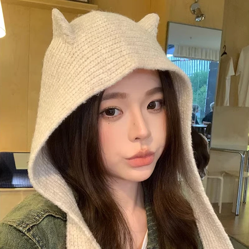 Fashion Niche Scarf Integrated Knitted Balaclava Hats for Women Autumn and Winter Warm Versatile Retro Christmas Red Bomber Hat