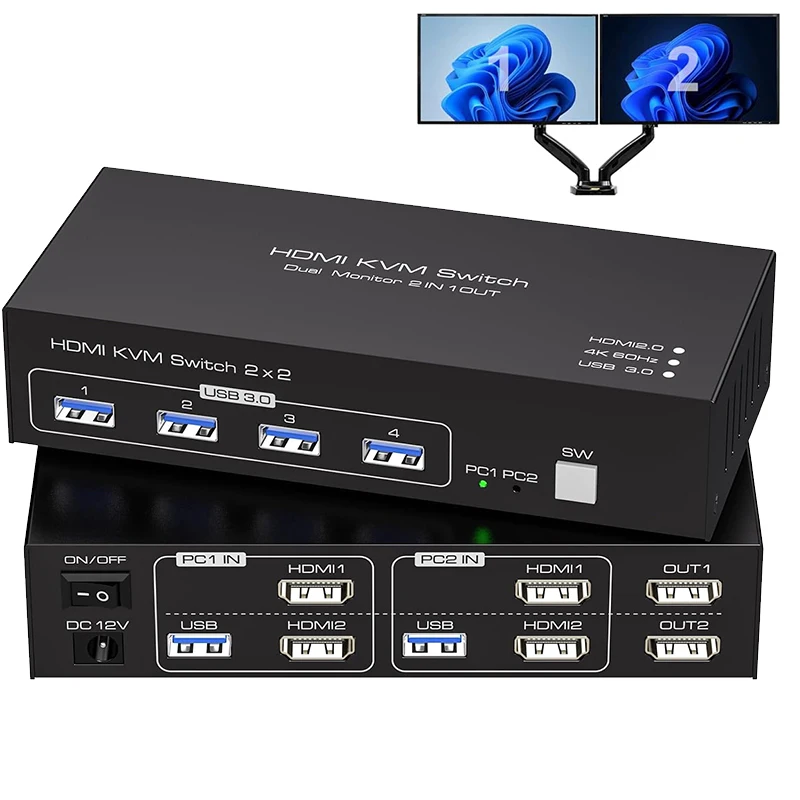 4K@60Hz USB 3.0 Dual Monitor HDMI KVM Switch 2x2 Extended Display HDMI USB KVM Switcher for 2 PC share 2 Monitor,Keyboard Mouse