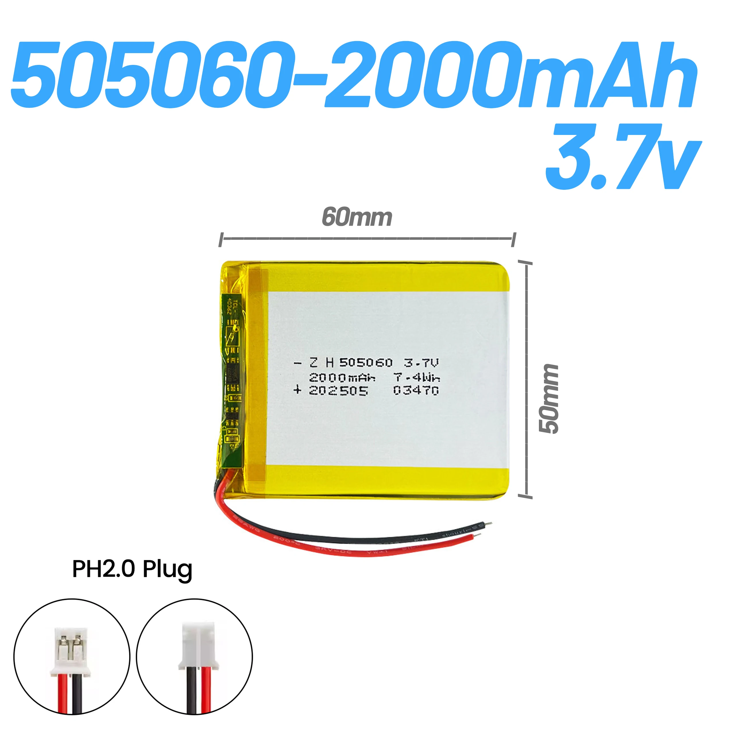 505060 3.7V 2000mAh rechargeable lithium polymer battery for Bluetooth speakers, LED lights, GPS locators, projectors PH2.0 Plug