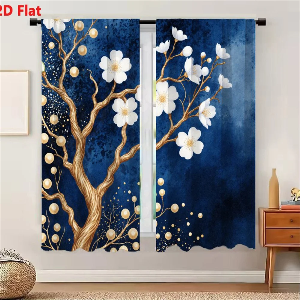 2Pcs Curtains 2D Flat Stylized Tree With Golden Twisting Branches White Flowers And Golden Spherical Elements On Deep Blue Textu