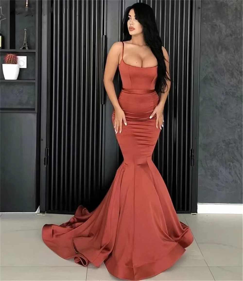 

Mermaid Evening Dresses Spaghetti Zipper Back Floor Length Sweep Train Silk Satin Evening Dresses vestidos de fiesta de noche