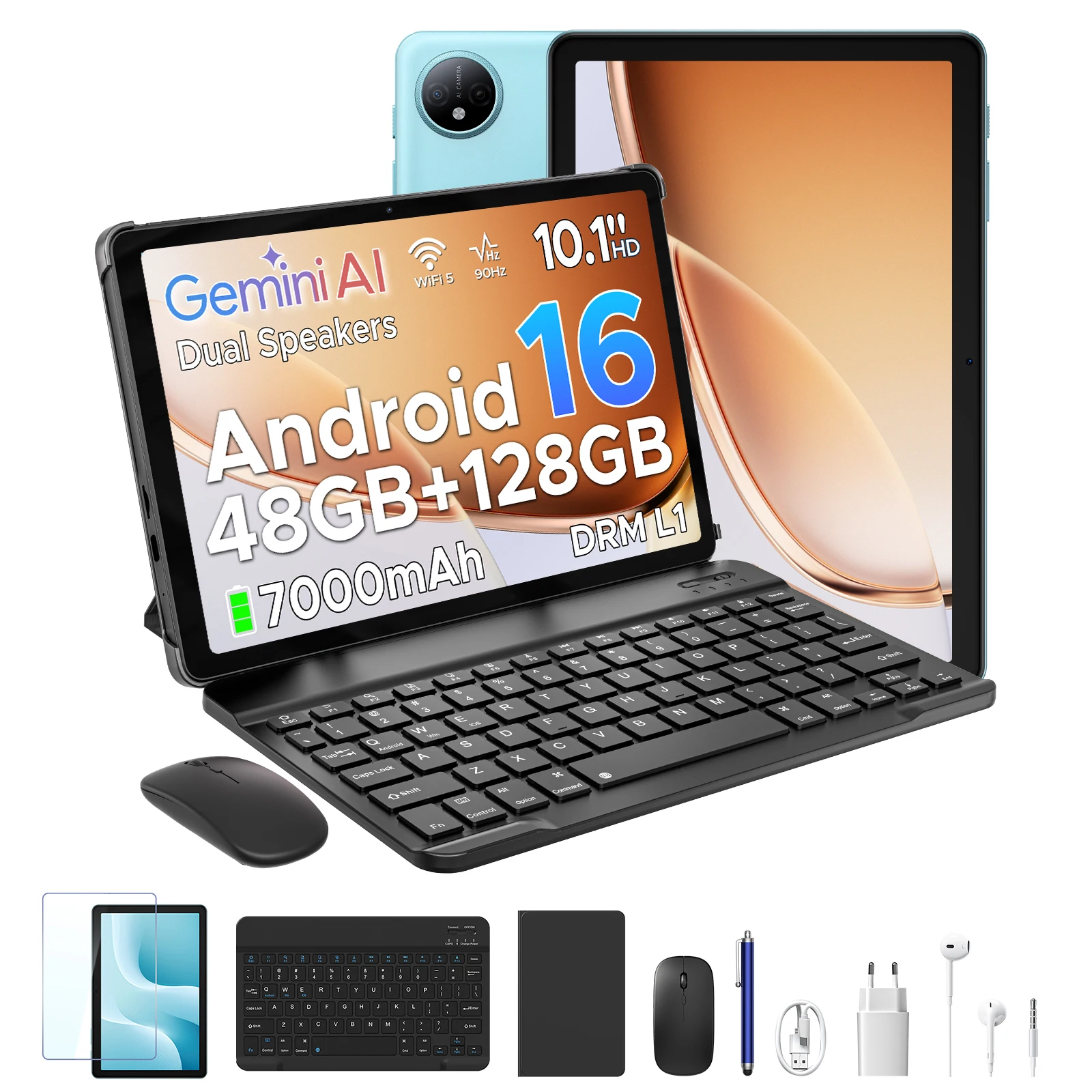 Tablette PC 2 en 1 Aorlym P10 Android 16 10,1 pouces Gemini AI, 48 Go de RAM (8+40), 128 Go de ROM, batterie 7000 mAh, prise en charge Widevine L1