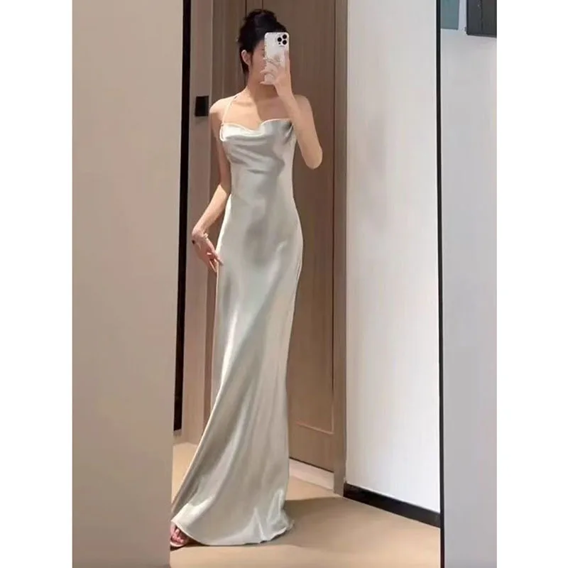 Robe Maxi en Satin pour femmes, Sexy, bretelles Spaghetti, élégante, coupe cintrée, soirée, été, sans manches, moulante, longue