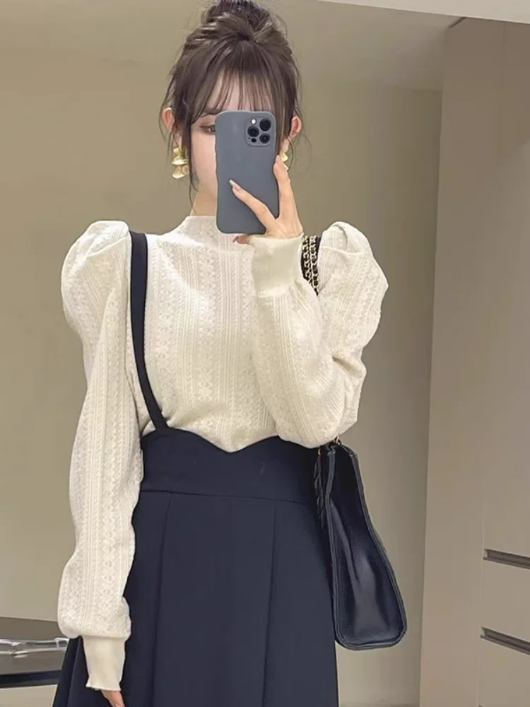 Elegant Women's Half High Collar Bubble Sleeve Hook Pattern Base Shirt Autumn New Style Unique Delicate Top Korean Style T-shirt