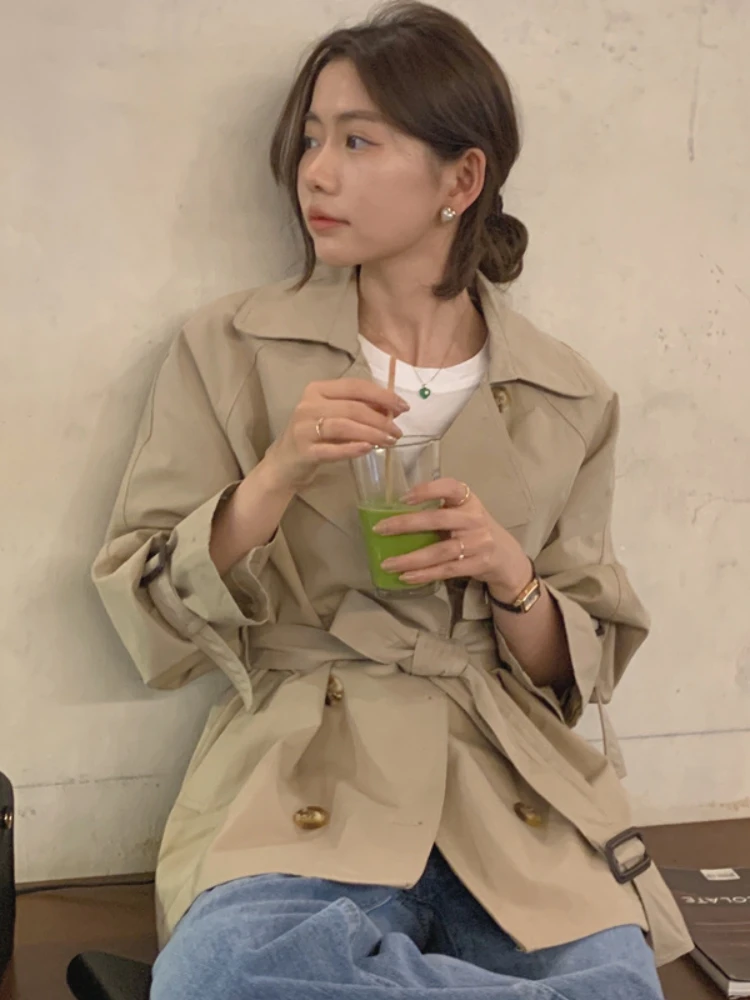 

Spring/Autumn New Korean Fashion Waist Slimming Lace Up Jacket for Women Double Breasted Mid Length Trench Coat Women Clothing
