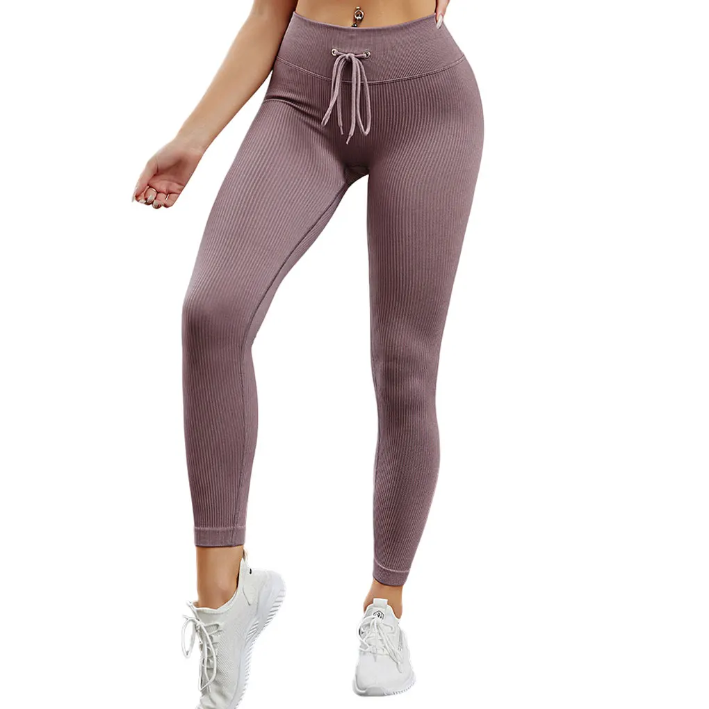 Women Ribbed Leggings Seamless Drawstring Jogging Yoga Tights for