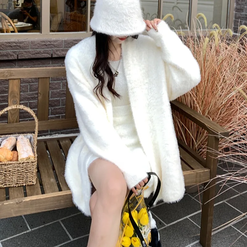 Feminino chique solto emagrecimento pele macia vison camisola de malha casaco longo sve meados de comprimento cardigan suave sle inverno outerwear