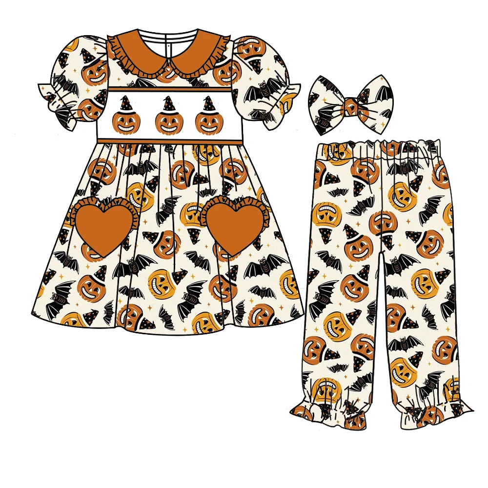 Halloween Kids Boutique Pajamas Set Short Sleeves Long Pants Girls Pajamas Set Cartoon Funny Pumpkin Print Wholesale Boys Pjamas