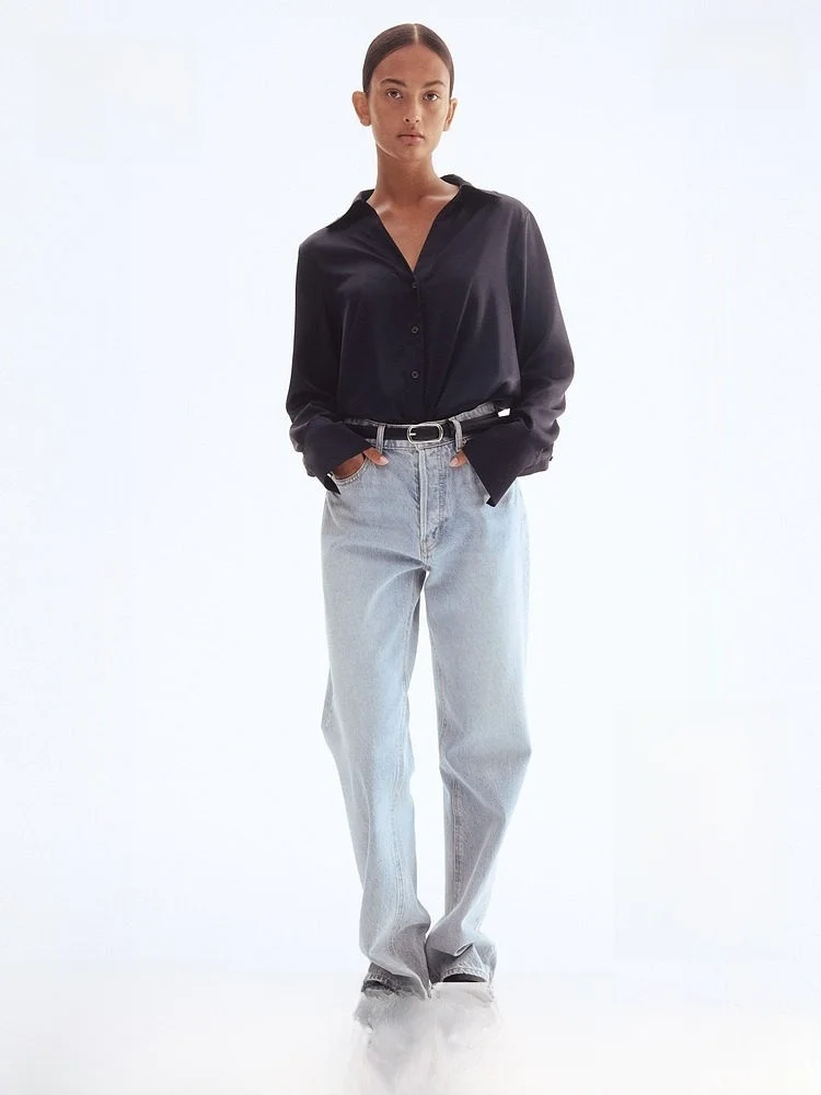 

H&M Women's irt Spring High nce V-ne Glossy Long Sve Wine Red Satin Inner Wear Casual Sle Regular Fit