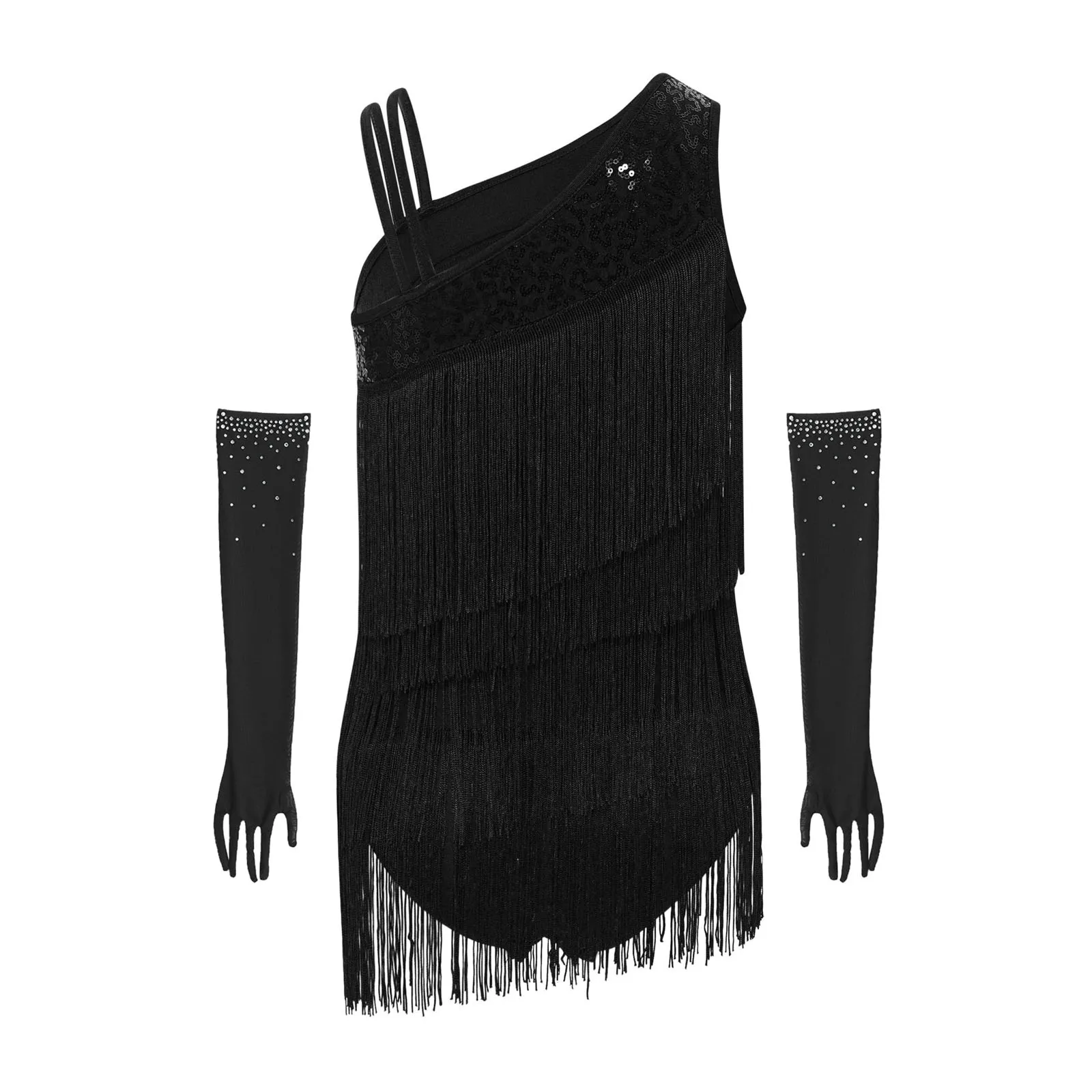 Kids Girls Ballroom Cha-cha Salsa Latin Dance Dress Sleeveless Asymmetrical Tiered Tassels Sequins Leotard with Gloves Outfit