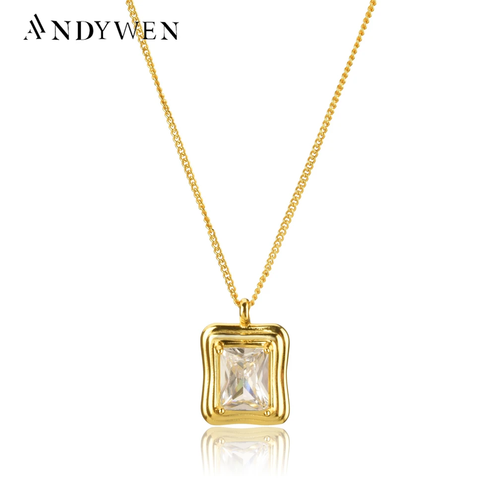 ANDYWEN 925 Sterling Silver Gold Big Square Zircon CZ Charm Necklace Long Chain Pendant Jewelry Luxury Women Rock Punk Jewels