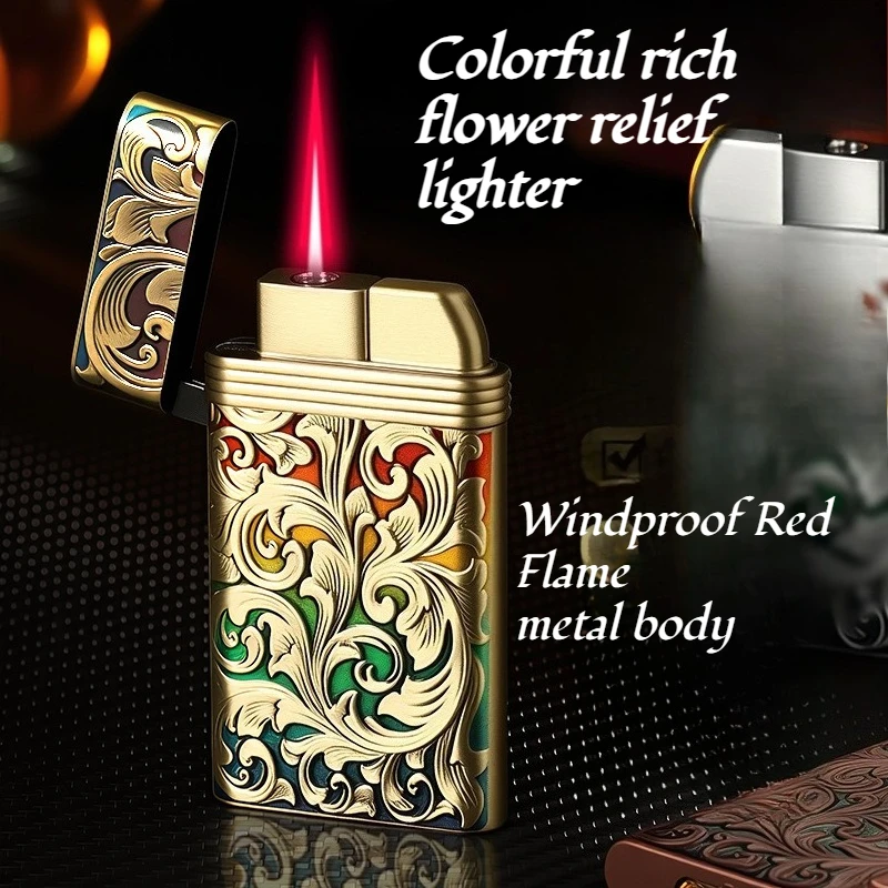 

New Colorful Rich Flower Relief Lighter with Red Flame Windproof Cigarette Lighter and High Beauty Gift