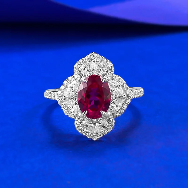 

Luxury 6x8mm Red High Carbon Diamond Women Ring - 925 Sterling Silver Wedding Engagement Ring & Bridal Anniversary Jewelry Gift