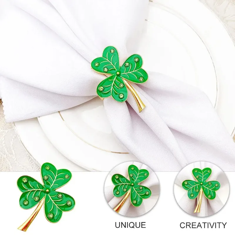 6-24PCS Luxury Green Enamel Clover Design Napkin Rings Elegant Napkin Holders for Wedding Banquet Hotel Table Decor Supplies
