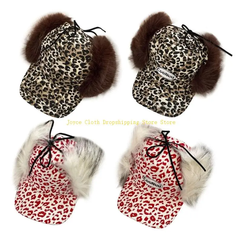 

Leopard Pattern Baseball Cap Foldable Ear Flap Warm Winter Trapper Hat For Women 10CD