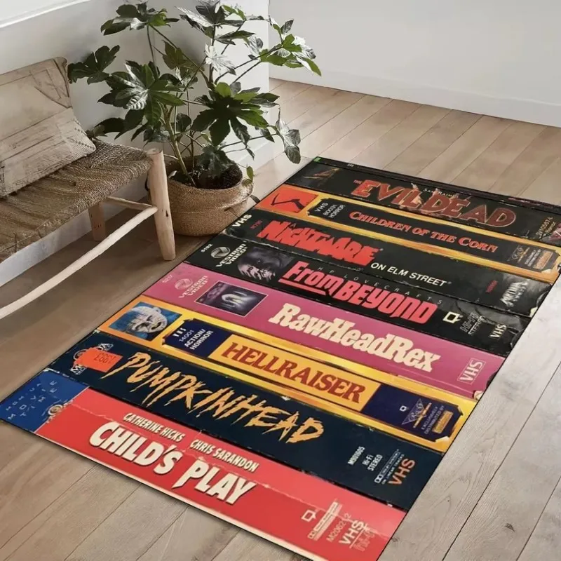VIKAMA Classic Retro Horror VHS Tape Area Rug, Distressed and Machine-Washable Floor Mat, Living Room Rug, Home Decor