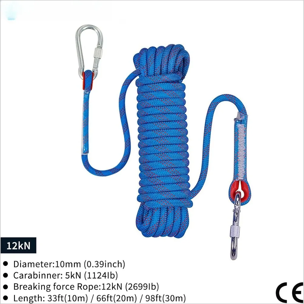 حبل التسلق، 10 مم، حبل سلك ملحق عالي القوة مع خطافين فولاذيين، لحواف الإنقاذ في الهواء الطلق