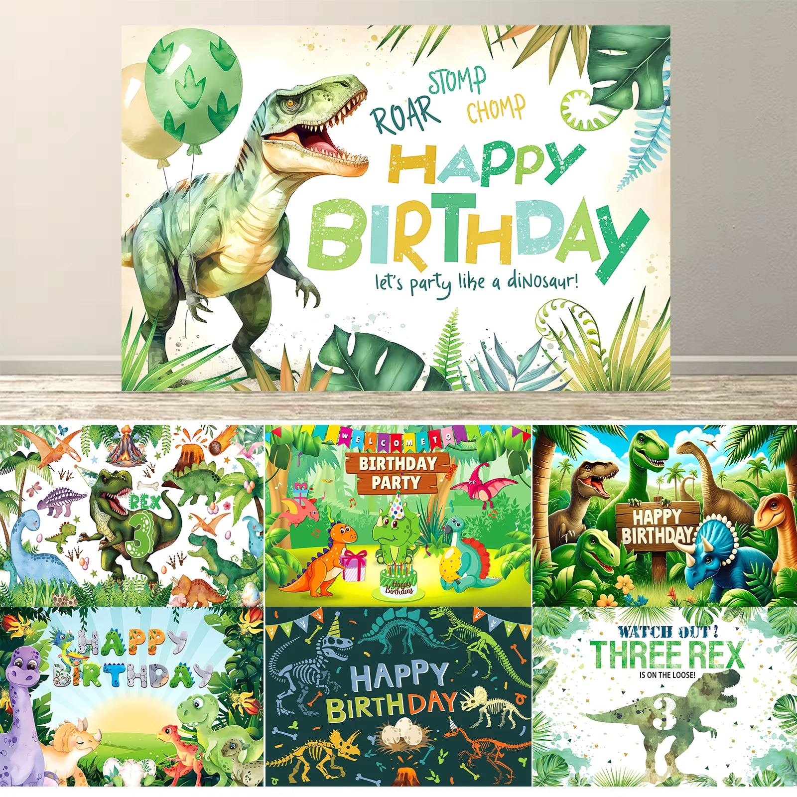 

Dinosaur-themed Birthday Background Vibrant Decoration for Unforgettable Memories Photography Background Kids Cake Table Banner