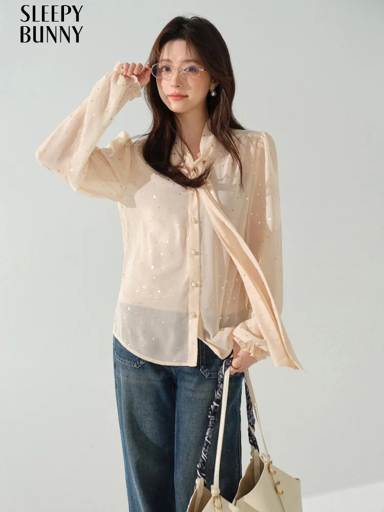 

Vintage Chiffon Blouse for Women Autumn Long Sleeve Bow Tie Shirt Loose Fit Glitter Print Top Sweet Elegant Casual Daily Outfit