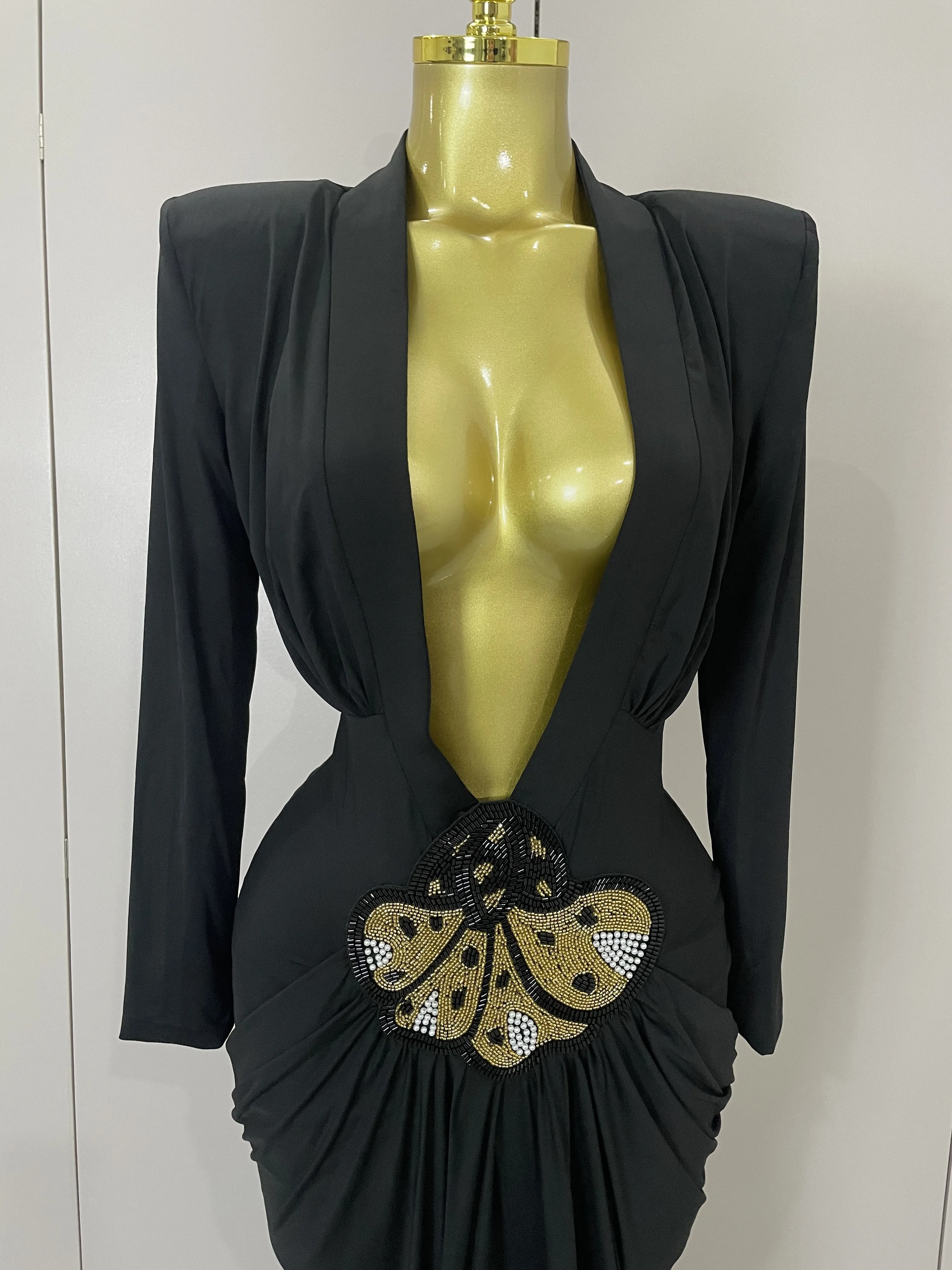 مثير العميق الخامس الرقبة كم طويل Bodycon فستان طويل 2025 جديد إمرأة ربيع أنيق مساء حفلة احتفال كوكتيل الزي Vestido