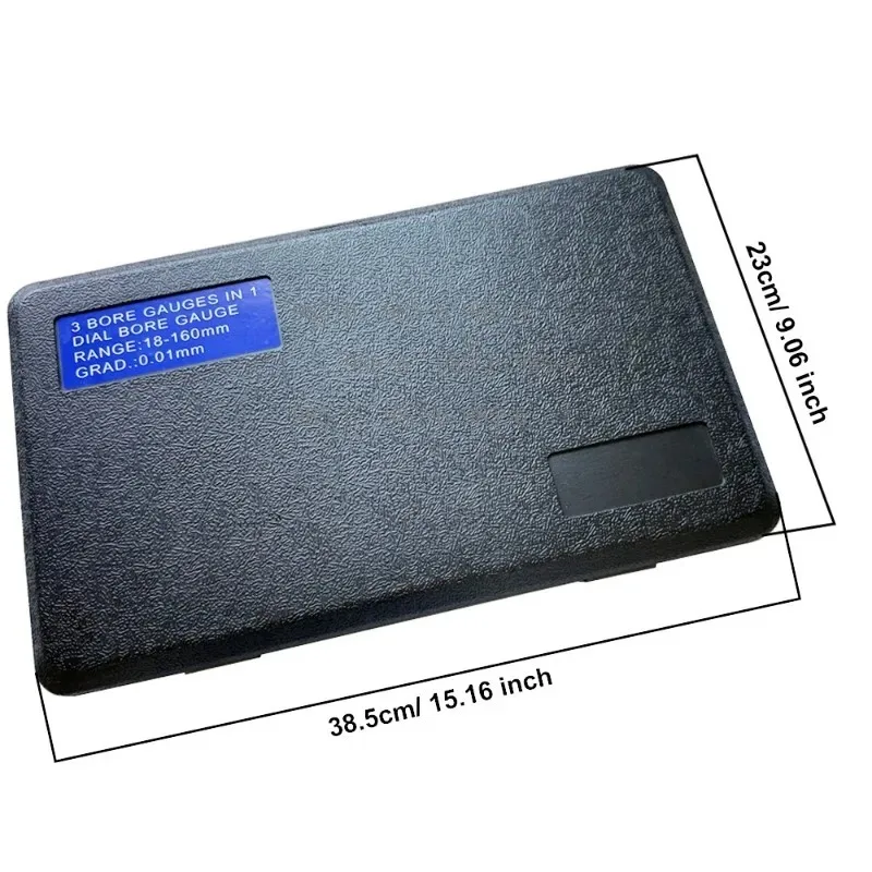 3-pack of metric/imperial inner diameter measuring scale plastic boxes, packaging a tool set within the range of 18-160