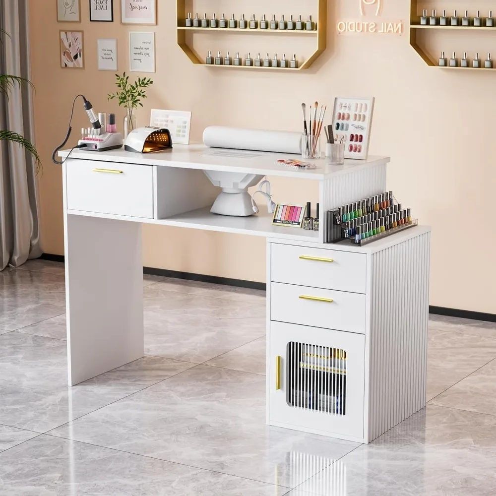

Nail Desk with Ribbed Design & Electric Dust Collector - Nail Tech Station with Storage Drawer, Fluted Glass, Customized