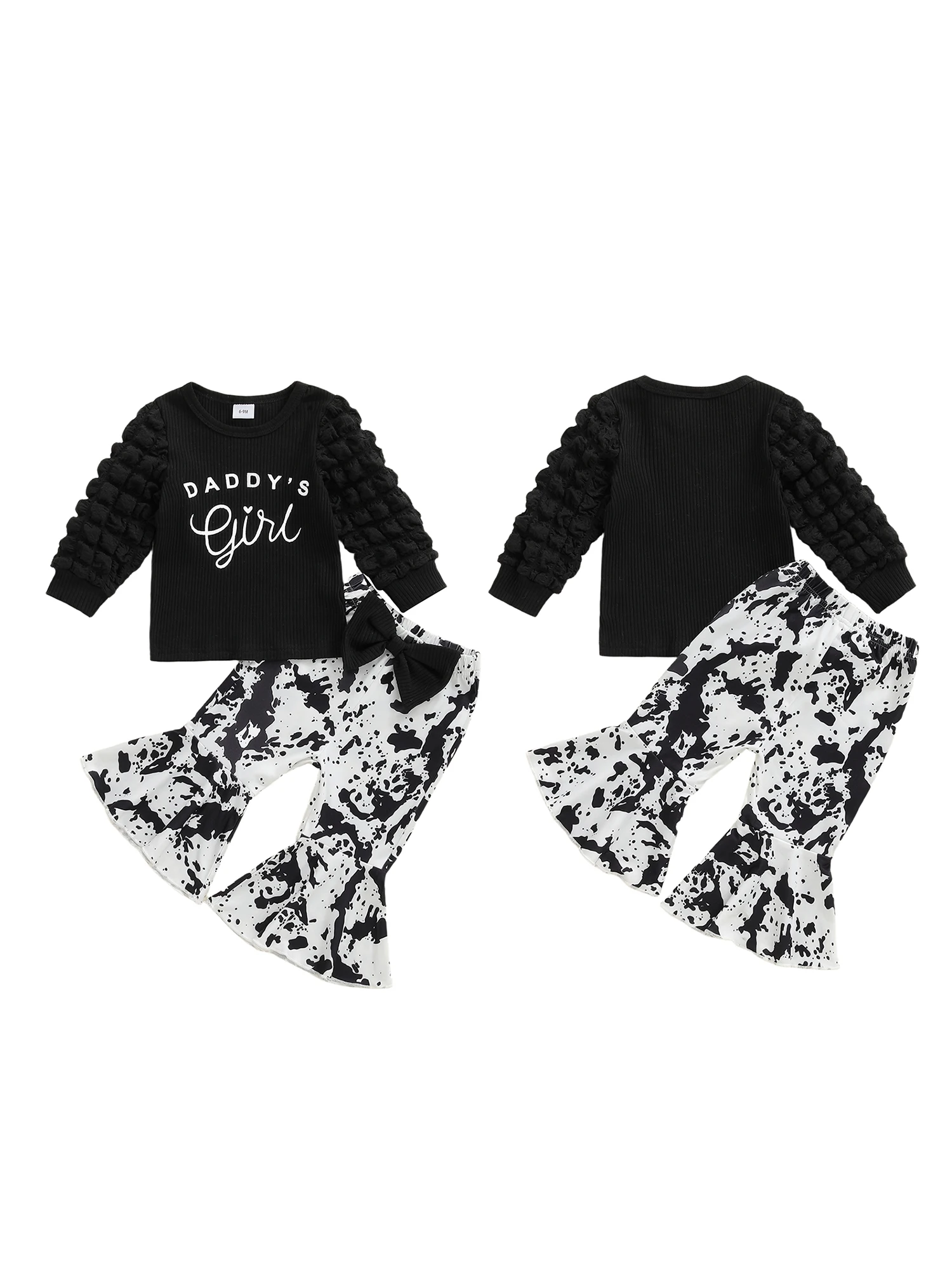 

Girls 2 Piece Outfit Set with Long Sleeve O Neck Top and Cow Print Flared Pants Featuring Letter Print