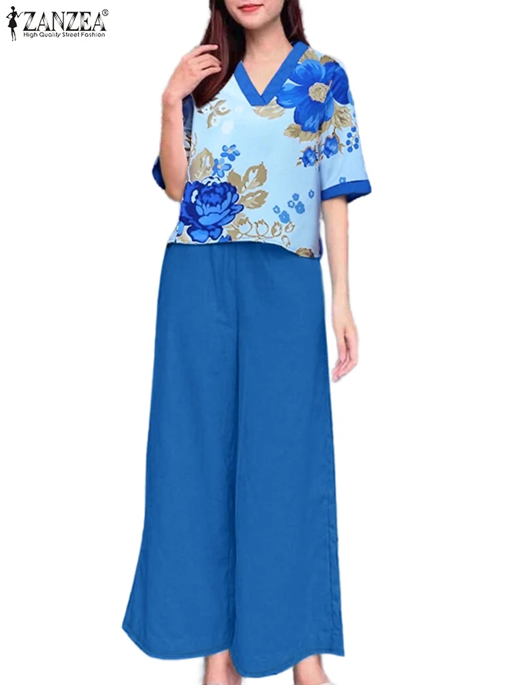 

ZANZEA Casual Solid Wide Leg Pants Pant Sets Summer Woman Floral Print V-Neck Half Sleeve Blouse Two Piece Outfits 2 Pieces Sets