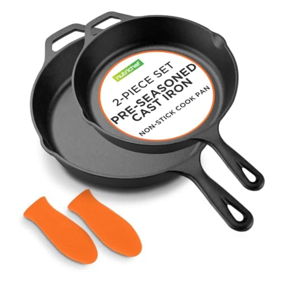 

10 12 Pre-Seasoned Cast Iron Pans - Durable Nonstick Skillets with Cool-Touch Silicone Handle for Oven Grill All Stovetops