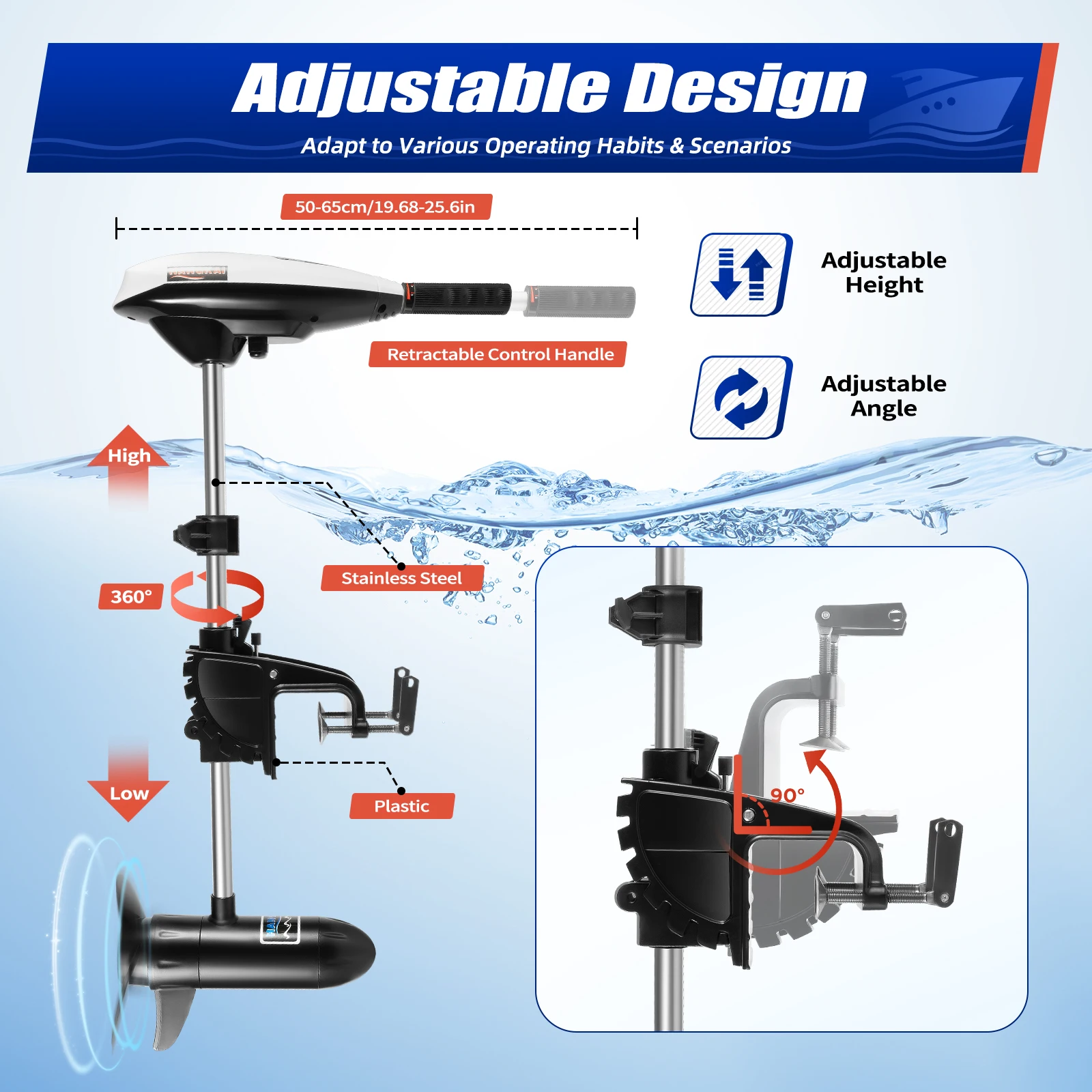 

Model ET65L 660W Lectric Outboard Trolling Motor,Telescopic Shaft, Max Speed 6-8km/h, Suitable for Small Boats Inflatable Boat