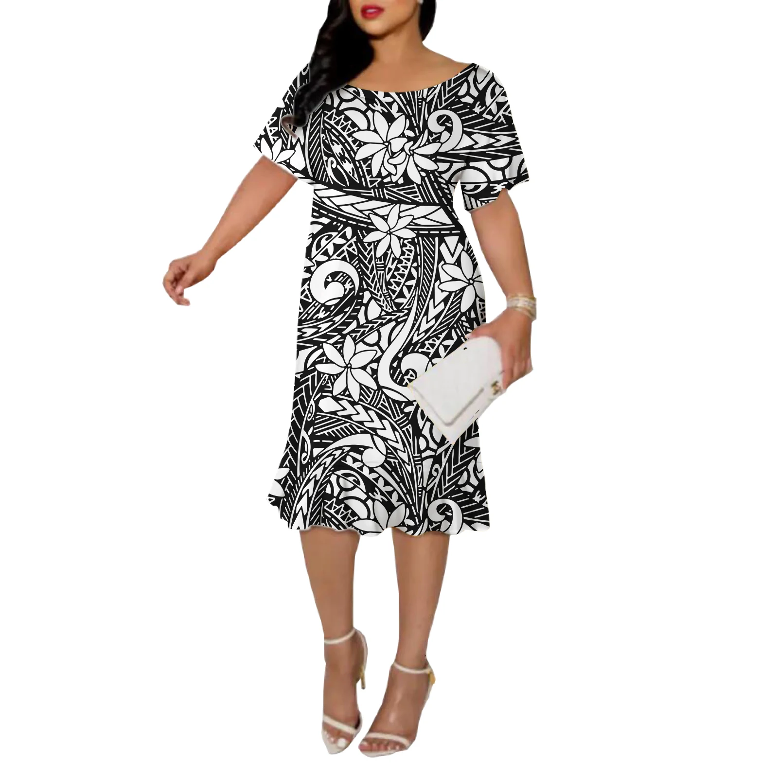 Polynesian island dresses Hawaiin Flowers Pattern Short Sleeve Short Dress  Ladies Fashion Dresses Plus Size