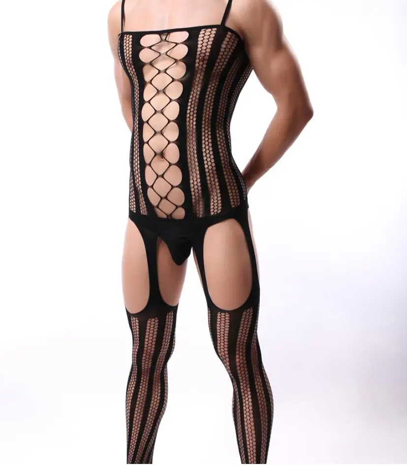 

Men's Siamese Sleepwear Open Crotch Tight Stockings Teddies Bodysuits Men's Underwear Sexy Lingerie Mesh Nightwear S2945