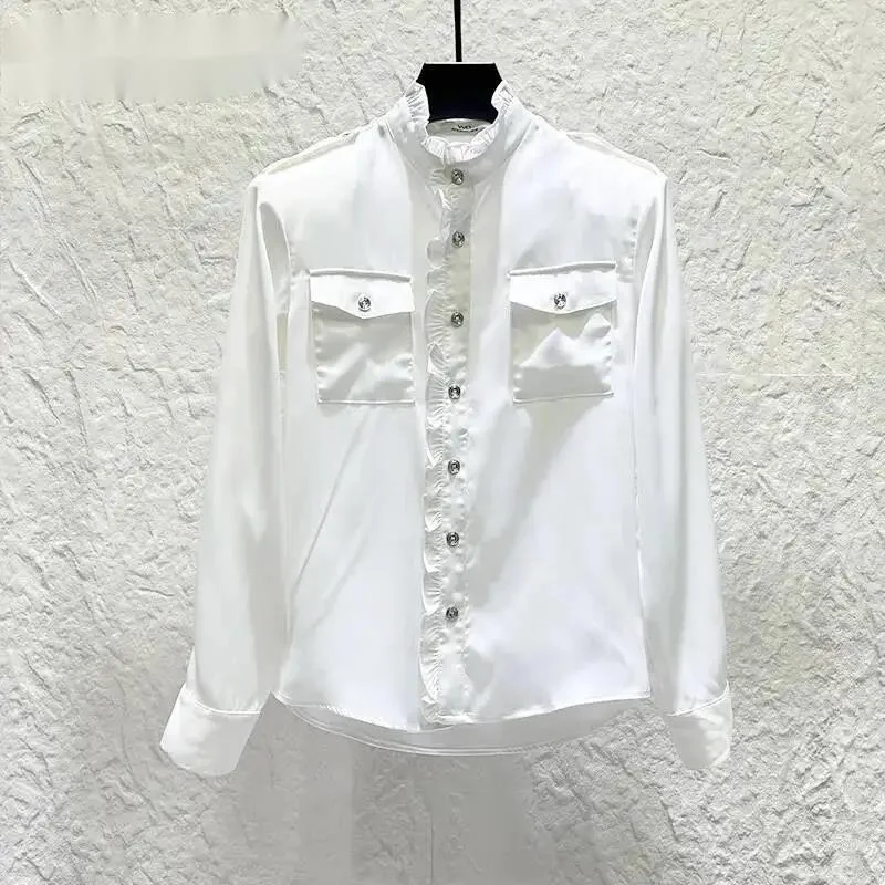 French Ruffle Stand Collar Epaulet Pocket Satin Silky Shirt Mens Autumn New Long Sleeve Casual Tops LM89K