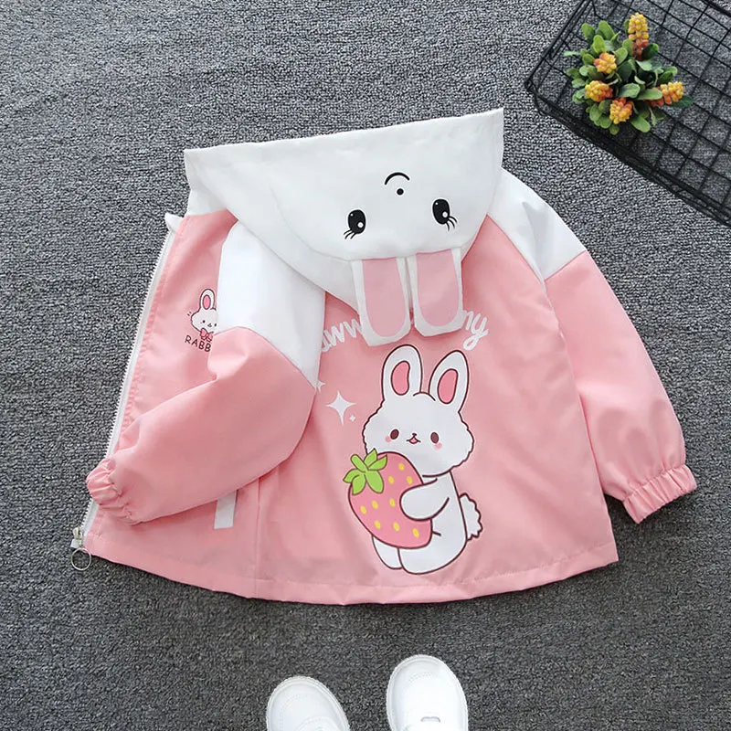 Strawberry Rabbit Baby Girls Jacket Cute Cartoon Windproof Outerwear Hooded Zipper Girls Coat 1 2 3 4 5 6 Years New Kids Clothes