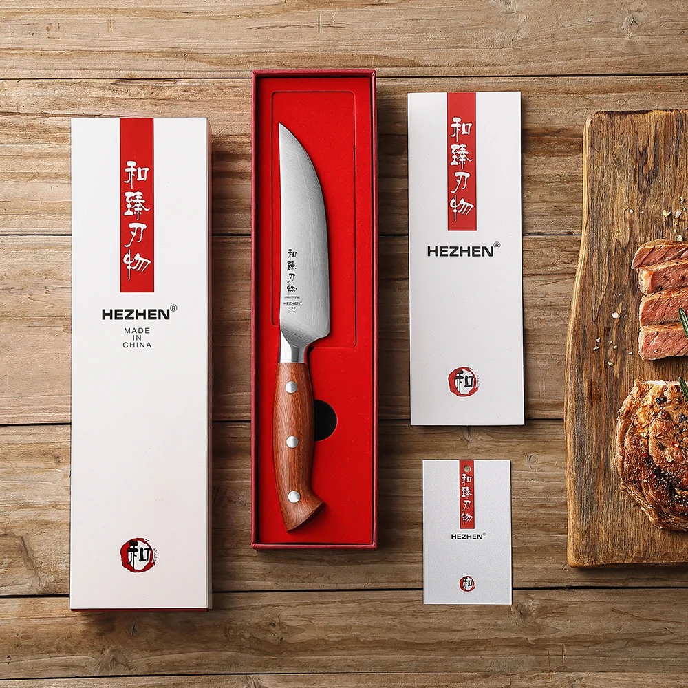 HEZHEN 5 Inches Steak Knives stainless steel Pork Chop Slice German DIN1.4116 Steel With Premium Redood Handle Cook