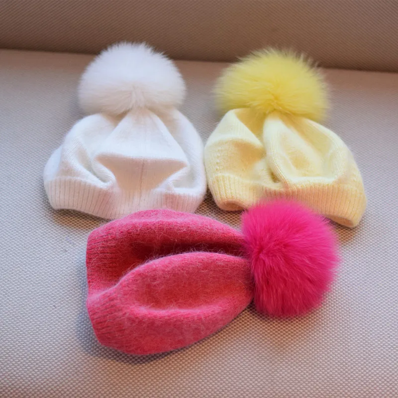 2022 Japanese Angora Rabbit Beret for Women Winter Warm Soft Knit  Berets Mink Fox Pom Pom Hat  Wool Cap Wholesale