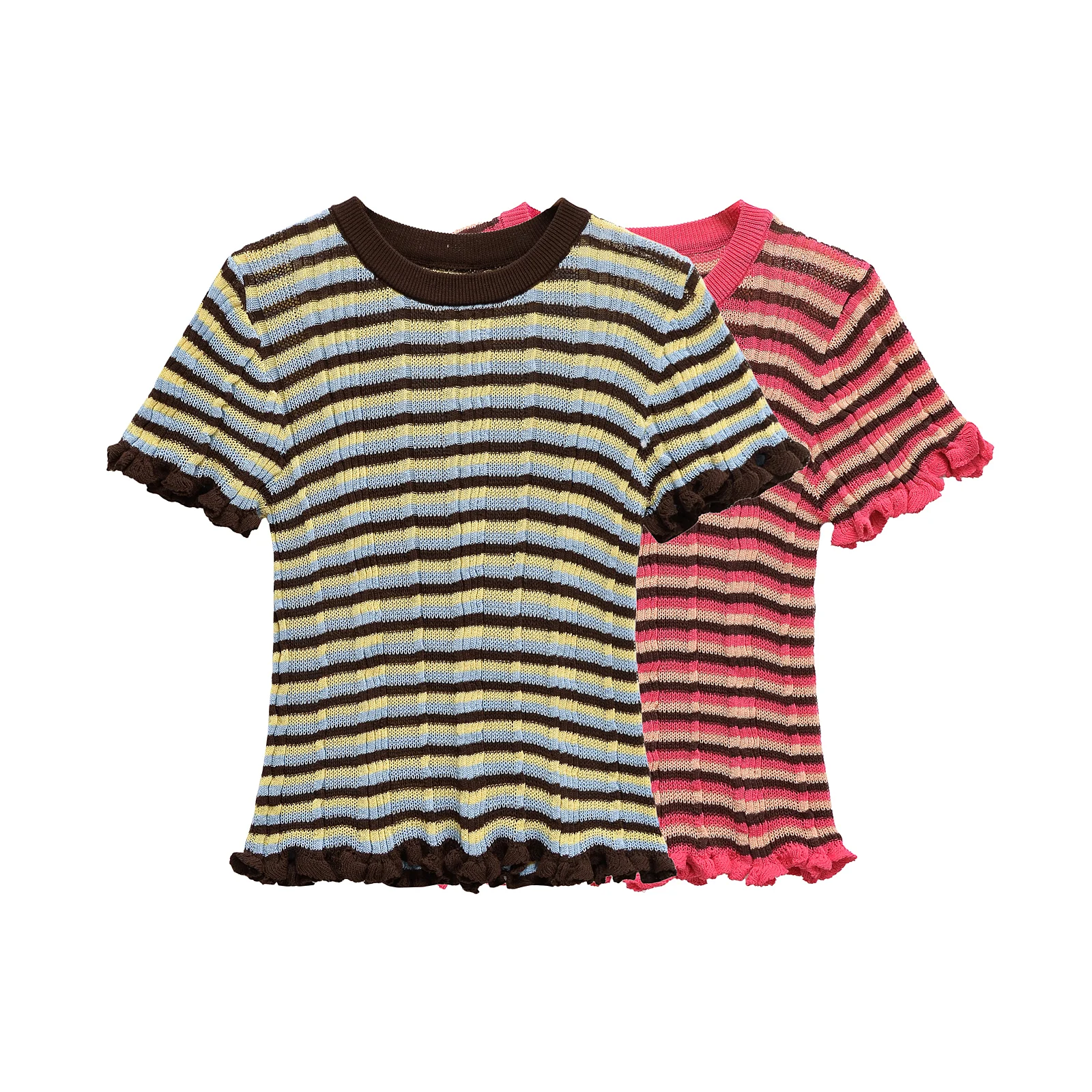 

New summer products Women's clothing Laminated decorative striped round neck short-sleeved T-shirt
