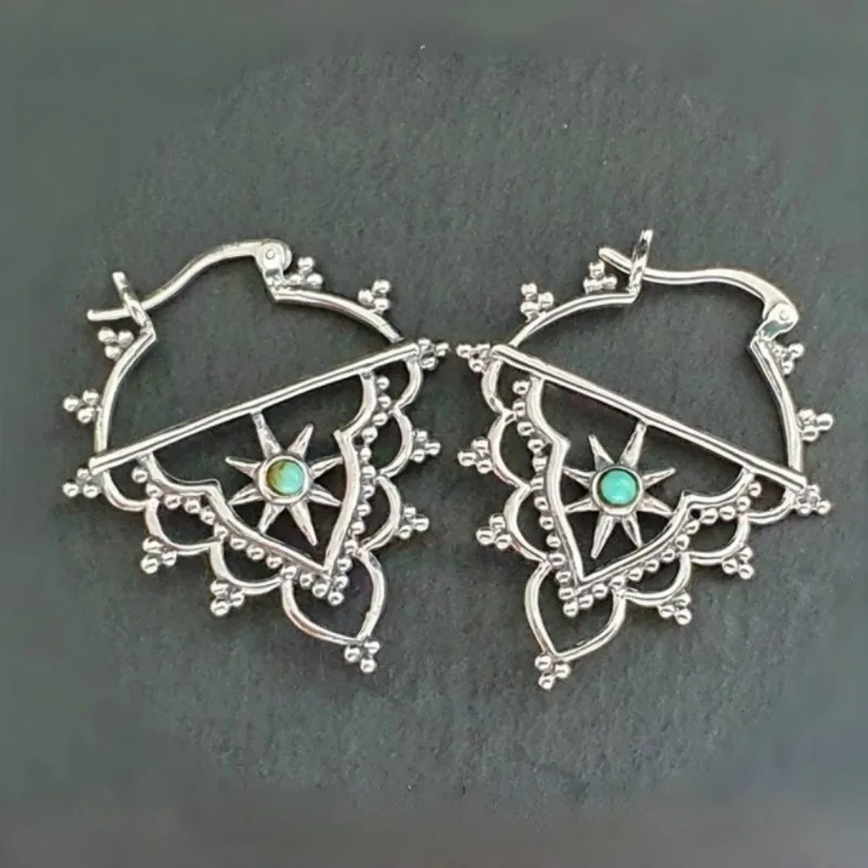 Bohemian Style Hollow Dangle Earrings Inlay Synthetic Turquoise Silver Plated Earrings Women's Retro Jewelry