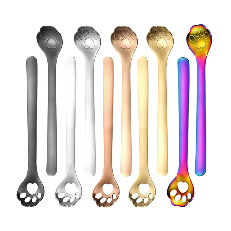 304 Stainless Steel Spoon Creative Cute Cat Claw Peanut Butter Hollow Spoon Long Handle Tableware Coffee Spoons Accessories