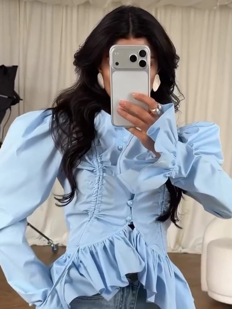 Ruffles Hem Pleated Shirt Women Long Puff Sleeve Single Breasted Elegant Slim Drawstring Female Shirts 2026 Spring Street Blouse