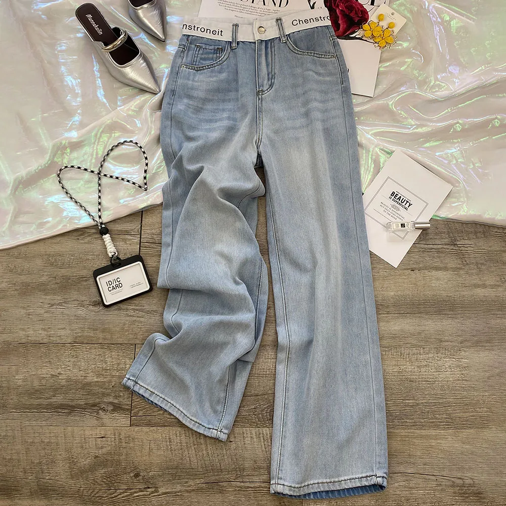 

Thin Ice Silk Blue Jeans for Women Summer Fashion Letter Print Patchwork High Waist Denim Pants Straight Loose Wide Leg Trousers