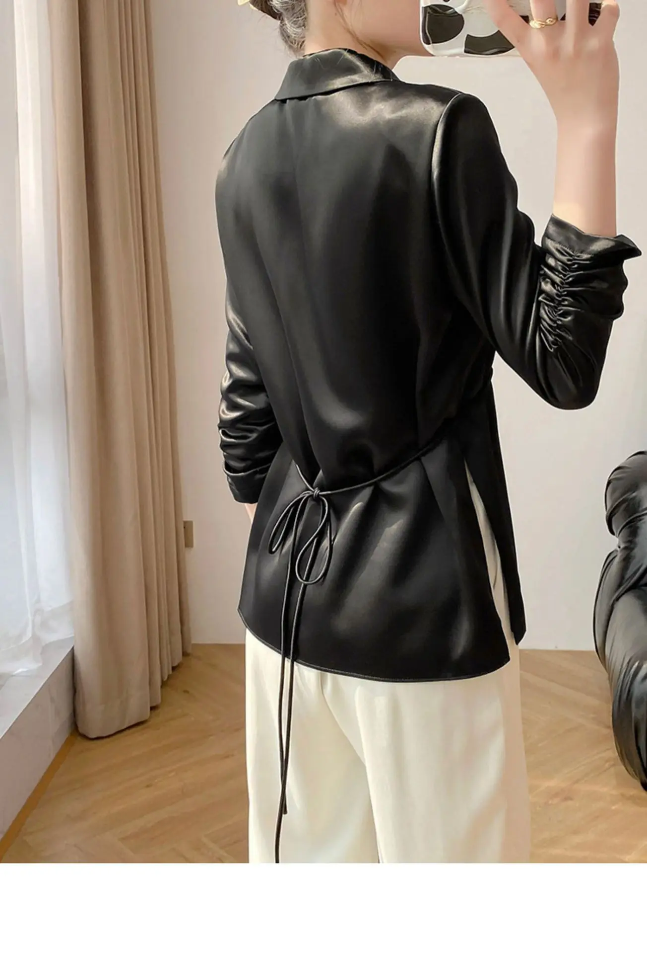 Women's Jacket Spring & Fall New Chinoiserie Commuter Clothing Fashionable and Elegant White Casual Suit Satin Acetate Fabric One-Button Black Three-Quarter Sleeve Suit Jacket