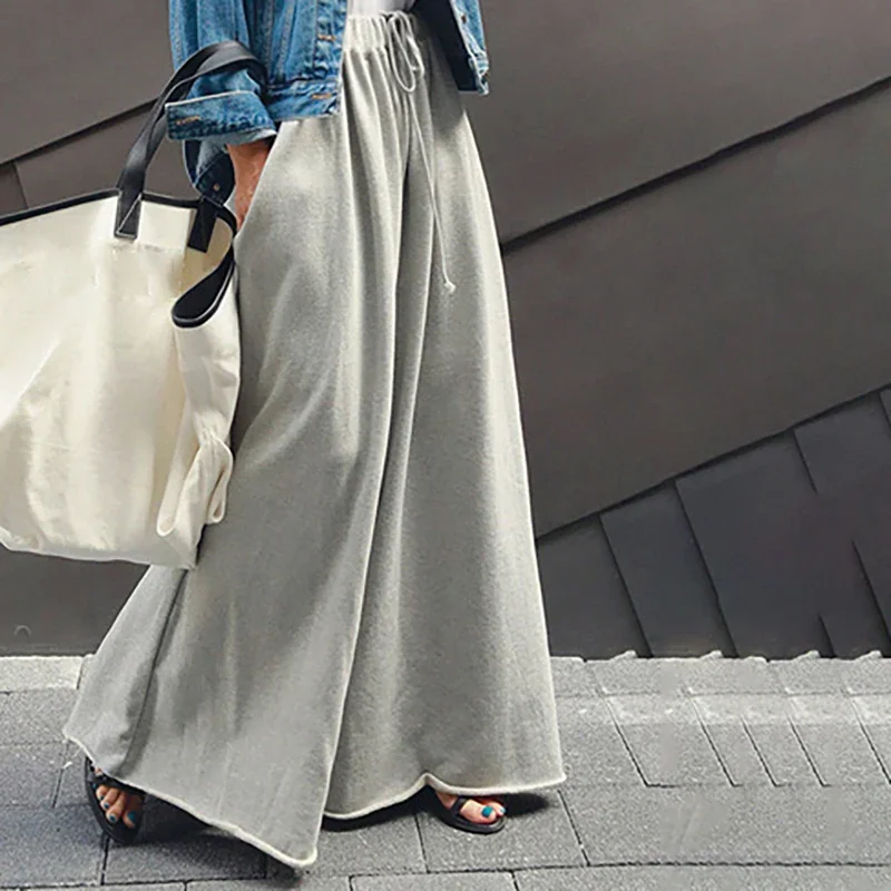 New Urban Female Black Gray Solid Color  Elastic Waist Wide Leg Pants Casual Work Long Turnip Trousers For Women