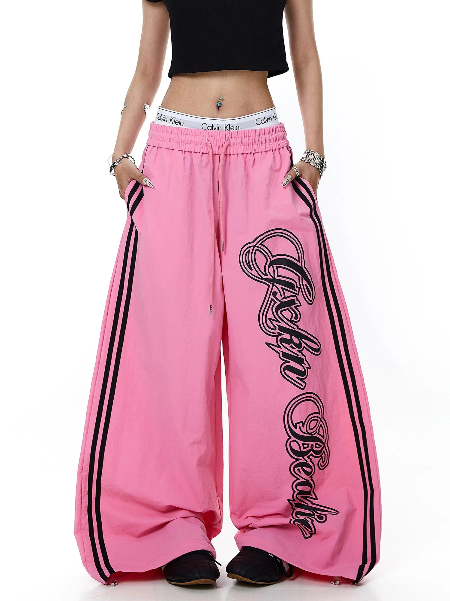 

American Color Block Striped Letter Print Pink Paratrooper Pants Women Summer New Jazz Dance Design Sport Wide Leg Pants