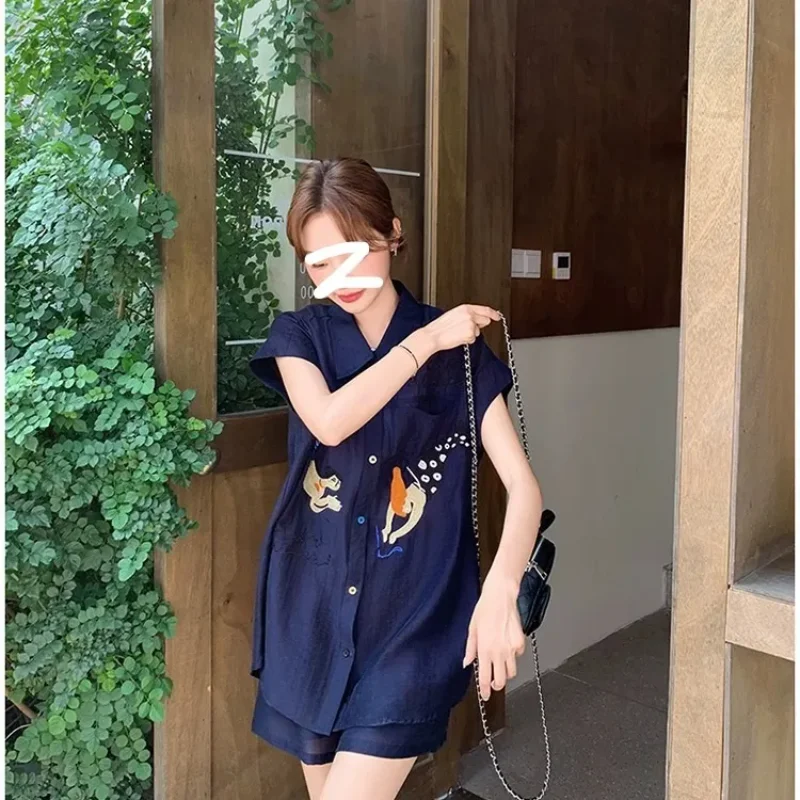 Women Navy Blue Short Sleeve Two-Piece Set Cartoon Print Blouse And Shorts For Daily Wear