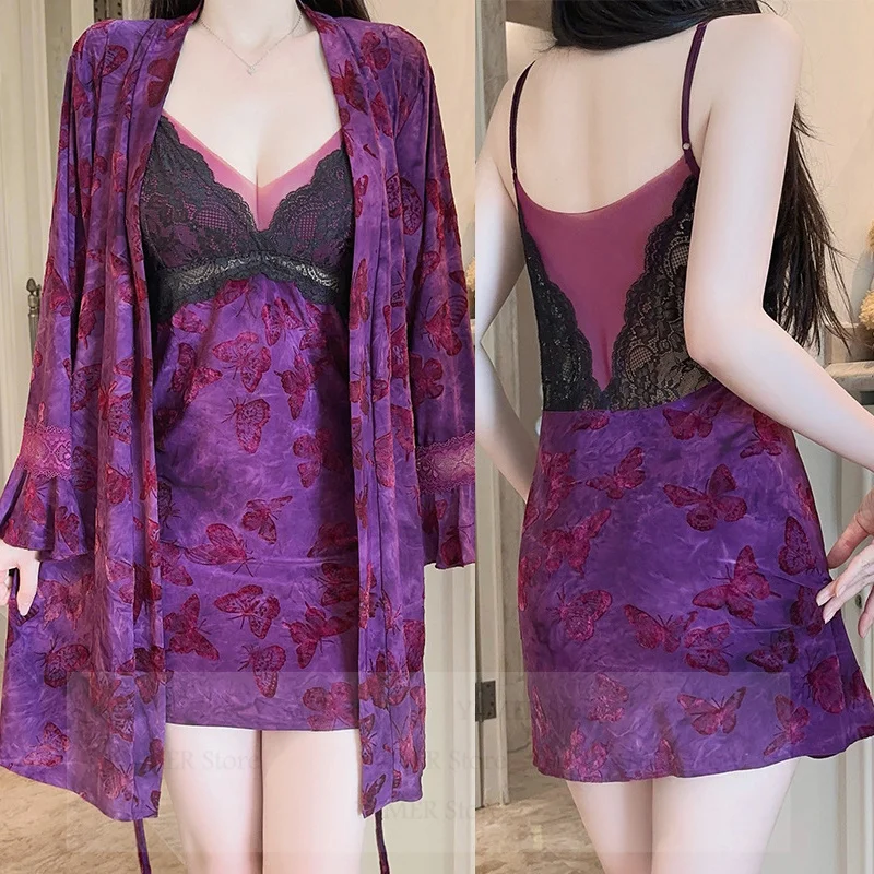 

2025 Autumn New Sleepwear Lady Sexy Lace Trim Robe Set Velvet Spaghetti Strap Soft Loungewear Pijama Mujer Kimono Bathrobe Gown